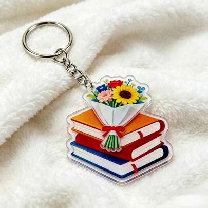 1pc Artistic Book & Flower Acrylic Keychain, Creative Printed Pendant, Versatile Small Gift For Students