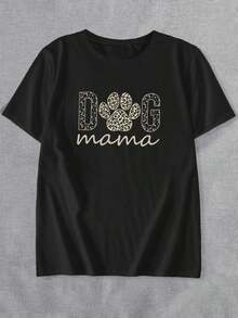 Camiseta de verano de manga corta y cuello redondo con estampado de pata de perro y estampado de leopardo para mujer talla grande, camiseta con estampado gráfico de guepardo, tops para mujer - Negro - Ver 3
