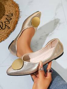 Plus Size Women's Fashion Pointed Toe Gold Buckle Slip-On Comfortable Ballet Shoes, Suitable For Spring & Autumn - Gold - View 7