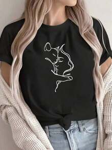 Loose's Women's White Crew Neck T-Shirt With Minimalist Cat Design | Lightweight And Comfortable, Casual And Versatile, Suitable For Everyday Outings And Relaxing At Home Or In A Cafe - Simple Solid Colors Shortsleeve 100% Cotton - 黑色 - 查看 6