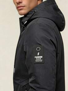 AHTELB Spring/Autumn Men's Solid Color Hooded Sports Jacket, Soft Comfortable Skin-Friendly, Anti-Theft Zipper Design, Printed Design, Suitable For Daily Outdoor Casual Sports Wear - Black - View 3