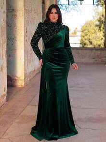 Faeriesty Plus Size Women's Elegant Formal Evening Gown, Stand Collar, Long Sleeve, Fishtail Hem Design, Sparkling Sequin Details, Suitable For Banquets, Galas, Awards Ceremonies, Weddings And Upscale Parties, Summer Holiday Attire Party Spring - Dark Green - View 1