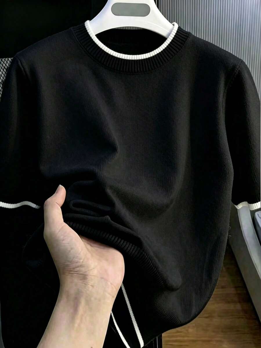 男士休闲百搭纯色短袖针织衫,适合日常穿着和通勤。 - 黑色 - 查看 1