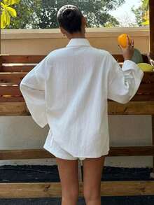 Conjunto de camisa tejida blanca y pantalones cortos de verano, nuevo y casual para vacaciones de mujer - Blanco - Ver 2