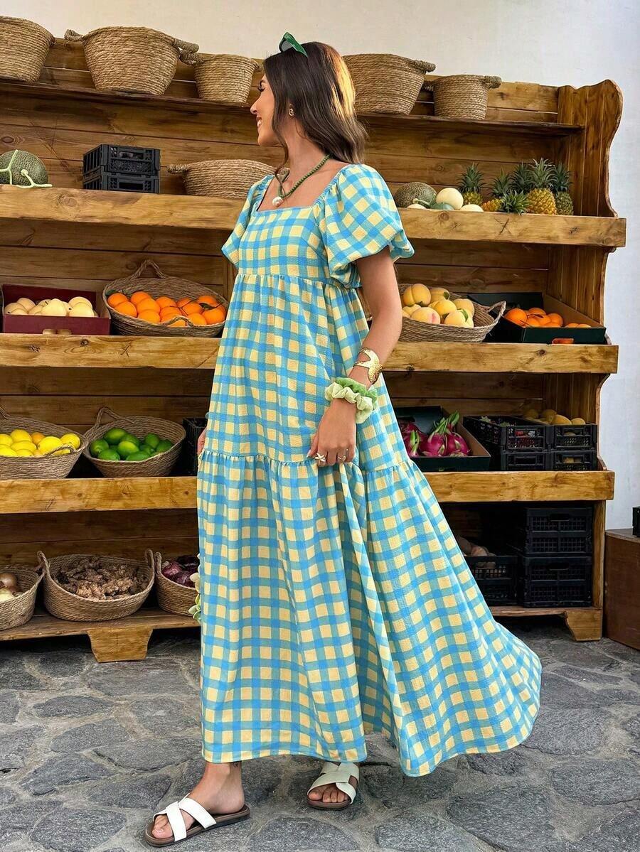 Vestido largo con cuello cuadrado, mangas abullonadas y estampado a cuadros amarillo y verde - Estilo bohemio retro para vacaciones, salidas diarias y uso casual, vestido de primavera y verano para mujer - Multicolor 4 - Ver 1