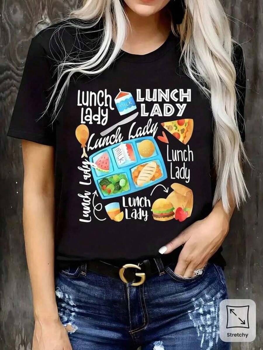 Women's Short Sleeve T-Shirt With Round Neck And Print, Lady Lunch Tray Pizza Sandwich S-3XL Fashionable, Comfortable And Breathable, Machine Washable - 黑色 - 查看 1