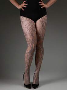 1pc Plus Size Elastic Skinny Pants, Vintage Gray Floral Jacquard Hollow Fishnet Stockings, Sexy Rebellious Style, Suitable For Spring/Summer, Y2K Fashion, Versatile, Halloween Costume, Suitable For Outings, Vacations, Dates, Social Occasions - Grey - View 2