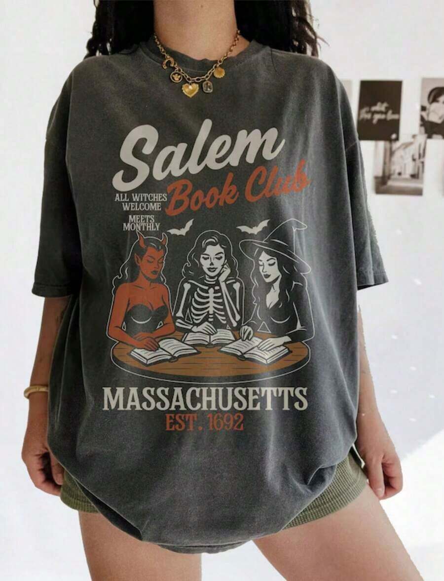 Halloween T-Shirt With Crow And Pumpkin Design, Jack O Lantern, Boho Cottagecore, Floral Halloween, Plus Size, Crew Neck T-Shirt, Halloween Party - 黑色 5 - 查看 1