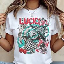 Vintage Western Retro Style T-Shirts With Lucky Number 8 In Turquoise, Country Style Plaid T-Shirts, Casual Women's Clothing, Cotton Crew Neck T-Shirt For Everyday Wear - 黑色 - 查看 2