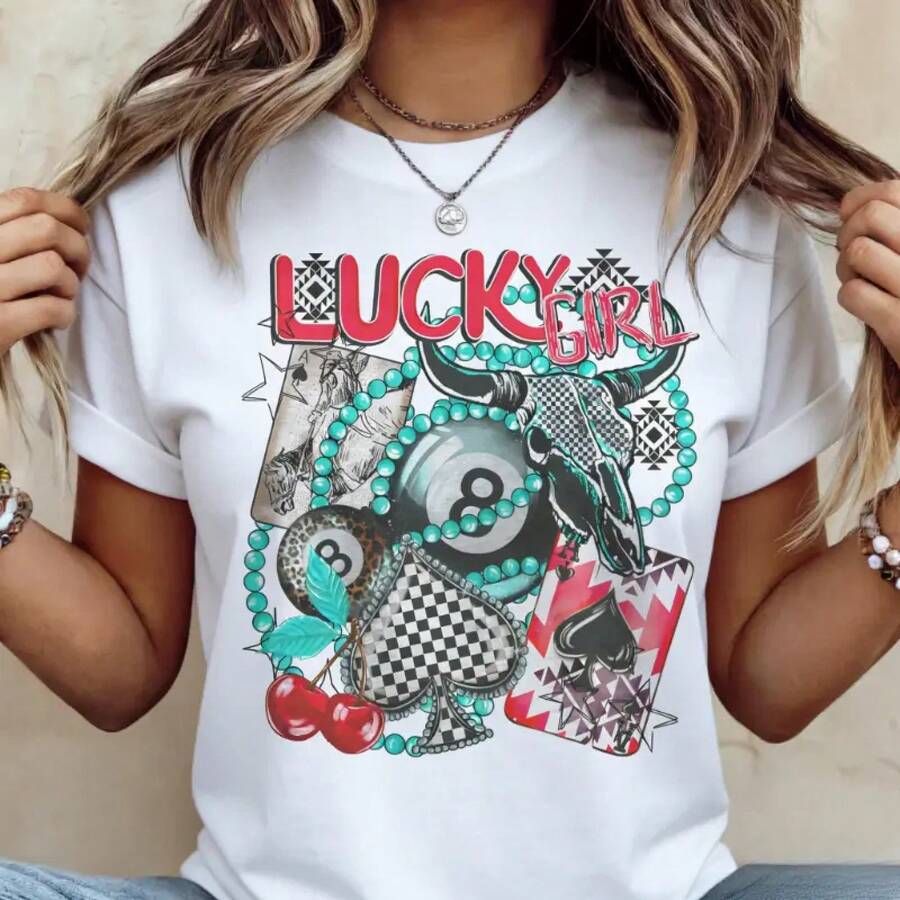 Vintage Western Retro Style T-Shirts With Lucky Number 8 In Turquoise, Country Style Plaid T-Shirts, Casual Women's Clothing, Cotton Crew Neck T-Shirt For Everyday Wear - 白色 - 查看 1