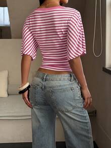 Women's Casual Vintage Colorblock Striped V-Neck Loose Top, Suitable For Daily Wear, Dates, Vacations, Parties, And Commuting, Spring/Summer Pink - Pink - View 10