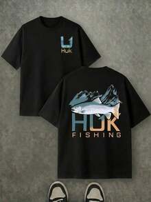 Camiseta gráfica de streetwear para hombre, estampado inspirado en la pesca al aire libre, montaña y trucha, manga corta, cuello redondo, top casual con detalle de paisaje natural, ropa casual diaria, atuendo para entusiastas de la pesca, regalo ideal para pescadores. - Negro - Ver 9