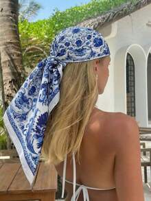 1pc Women's 2026 Spring/Summer Fashion Regal Geometric Satin Print Headscarf/Bandana, Versatile Daily Wear - White and Blue - View 3