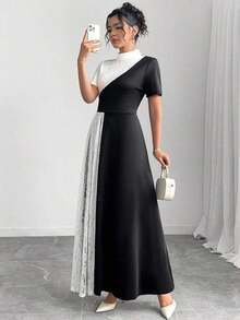 Vestido elegante de mujer con panel de encaje y bloques de color - Blanco y Negro - Ver 4