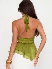 New Sexy Solid Color Summer Camisole With Open Back And Halter Neck, Deep V-Neck Design, Irregular Hem, Shell Strap Decoration, Retro Bohemian Style, Versatile And Fashionable, Textured Fabric. - Black - View 8