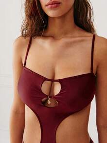 Women's Sexy One Piece Swimsuit Ruched Cut Out Swimwear Bathing Suit - Burgundy - View 3