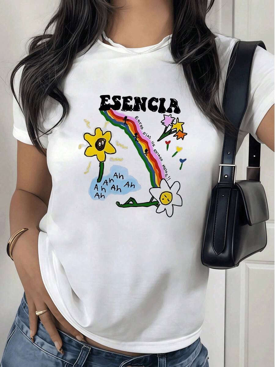 Fashionable Women's T-Shirt, Women's T-Shirt With Rainbow Print, Flowers And Letters Esencia, Casual Cut, 100% Cotton, Ideal For A Modern And Fun Look. - 白色 - 查看 1
