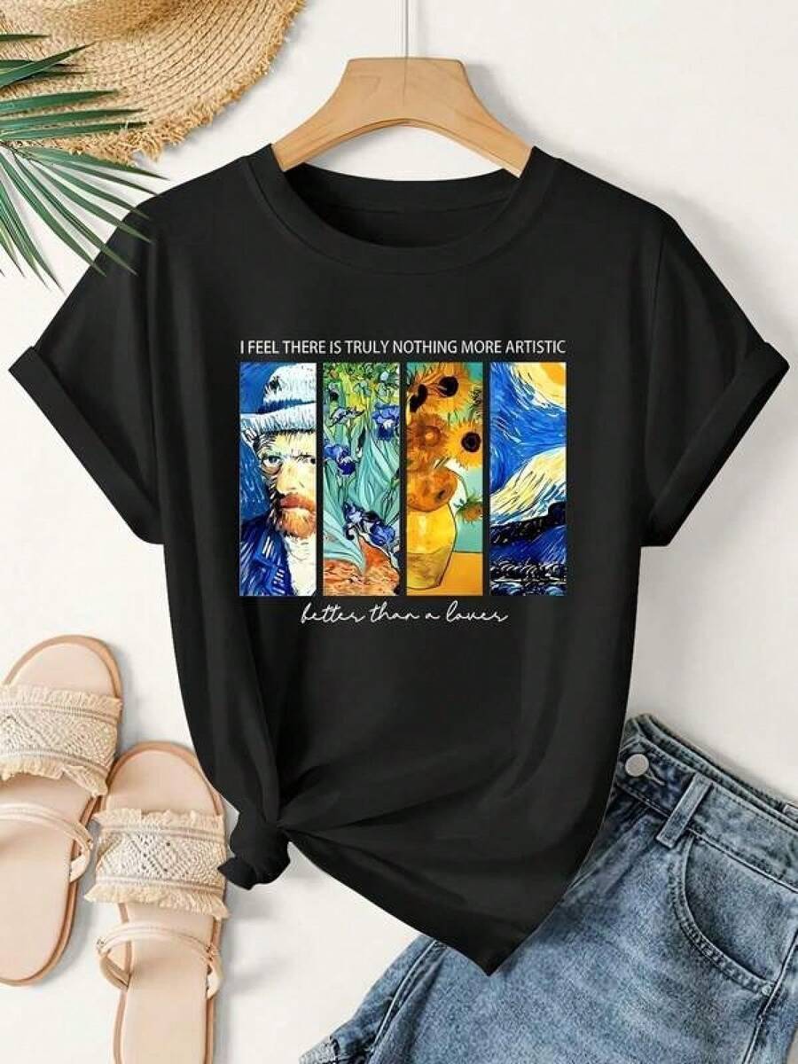 Nueva camiseta estampada: una elegante camiseta para mujer con un diseño de pintura al óleo de Van Gogh en una sola pieza, con eslóganes en inglés y estampados impresionistas, perfecta para vacaciones deportivas de primavera y verano. This Casual And Stylish Vintage Top Is Loose-Fitting And Flattering,Conjuntos a juego para niñas, conjuntos madre-hija, adecuados para regalos de San Valentín, unisex, camisetas conmemorativas, San Valentín, estilo anime japonés, conjuntos para padres e hijos, San Valentín, camisetas gráficas para hombres. - Negro - Ver 1