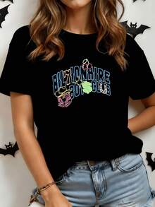 Colorful Text Reflecting Youthful Energy With Large Letters In Shades Of Blue, Pink, And Green, Featuring Cherries And Symbols That Evoke Joy, Creativity, And A Free Spirit. A Modern, Casual Women's T-Shirt For Everyday Wear. - 黑色 - 查看 8