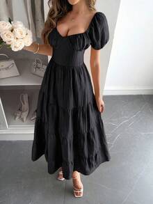 New Women's Summer Maxi Dress, Casual Vacation Style, Balloon Sleeve, Flattering Design, Cool, Perfect For Vacation, Beach, Walks And Day Looks - 黑色 - 查看 3