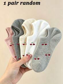 1/5/10 Pairs Women Heart & Cherry Solid Color Ankle Socks, Sweet Breathable Comfortable Invisible Socks, Suitable For Daily Wear, Sports, Home, All Seasons - Multicolor - View 9