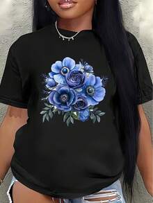 Lightweight And Durable Short-Sleeved Polyester T-Shirt With A Blue Floral Print, Suitable For Casual Wear At Home, In The Office, Or In Restaurants. Comfortable And Fitted For Everyday Wear. Women's Casual Blouse - 黑色 - 查看 7
