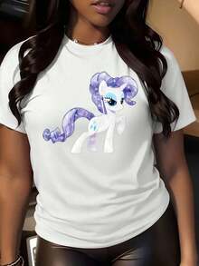 Camiseta Estampada para Mujer con Gráfico de de Dibujos Animados Colorido - Camiseta Casual de Manga Corta y Cuello Redondo, Corte Relajado para Todas las Estaciones, Perfecta para Uso Diario y Vacaciones (Lavable aáquina). - Blanco - Ver 1