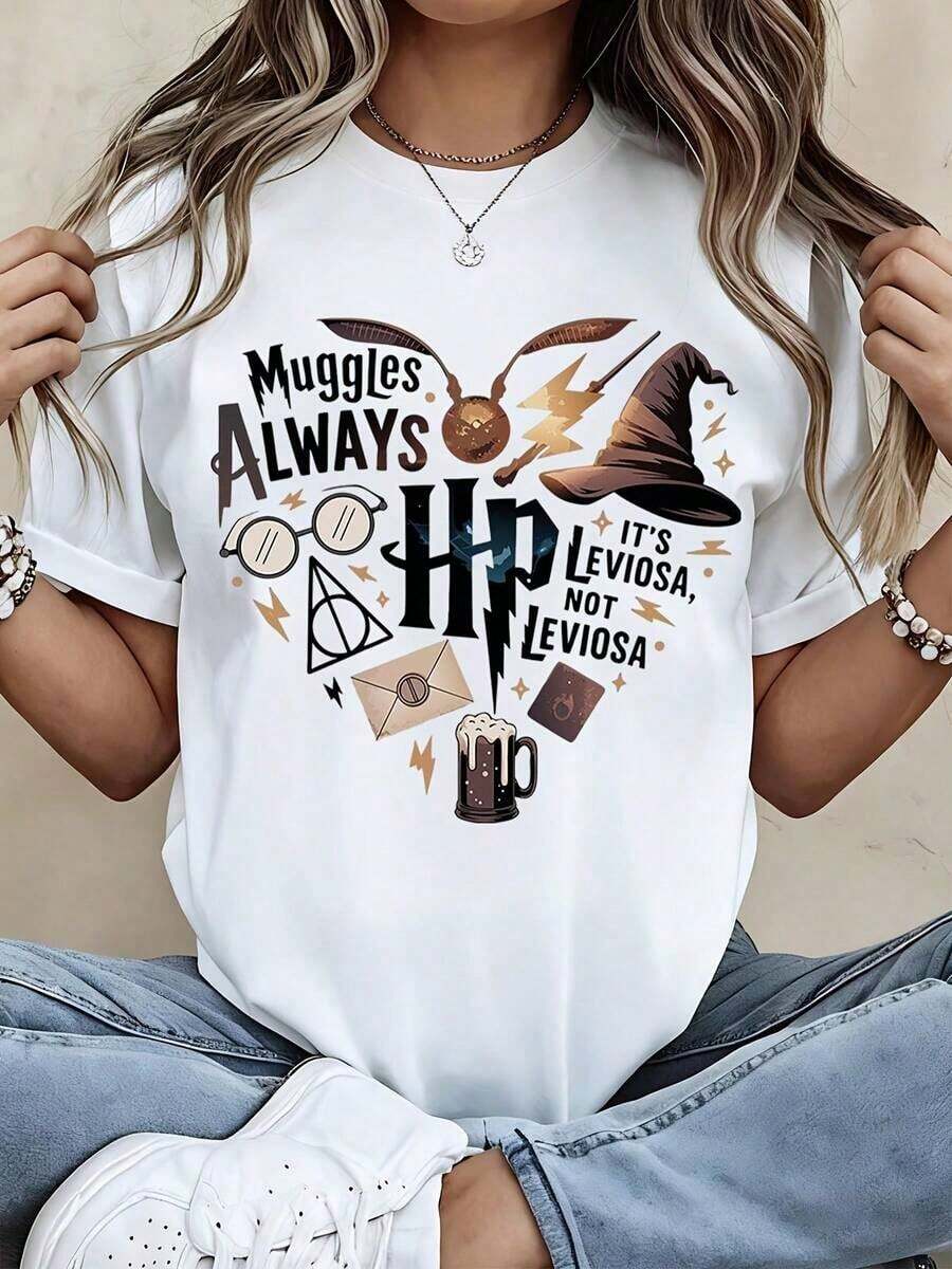 Warner Bros Always Hp Its Leviosa Not Leviosa Sombrero de mago Gafas Reliquias de la Muerte Sobre Taza Camiseta Blusas para mujer>ropa blusa casual mujer ropa casual para mujer - Blanco - Ver 1
