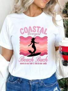 Primavera Vacation Graphic, 1er-Pack, 100 % Baumwolle, lässiges Damen-T-Shirt mit Rundhalsausschnitt und kurzen Ärmeln, Küsten-Cowgirl-, Meerjungfrauen- und Surfer-Print im Preppy-Strandstil, perfektes Geschenk für Junggesellinnenabschiede, ideales Strand- und Urlaubstop für Damen - Weiss - Übersicht 7
