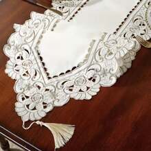 1pc Embroidered Floral Table Runner, Farmhouse Style Polyester Embroidered Hollow-Out Dust-Proof Table Runner, Suitable For Cabinet, Dining Table, Coffee Table, Daily Home Decor And Wedding Party Holiday - 010 White - View 3