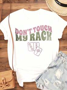 Suave Camiseta de Mahjong 'No Toques Mi Rack' para Mujer, Camiseta Gráfica Casual, Top Divertido para Amantes del Juego de Mahjong, Idea de Regalo para el Año Nuevo Chino y Festivales, 200g, blusa casual mujer, blusas para mujer, playeras de mujer algodón - Blanco - Ver 3