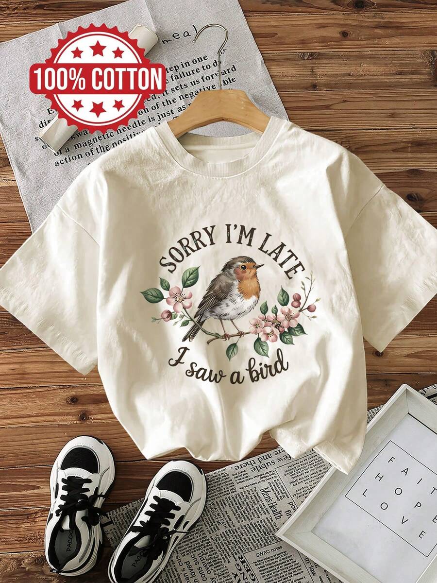 Summer Casual Women'S Top With Watercolor Style Featuring Birds And Flowers. SORRY I'M LATE I Saw Printed Round Neck Pure Short Sleeve T-Shirt[Ling K]Winter Clothes For Women - 杏色 - 查看 1