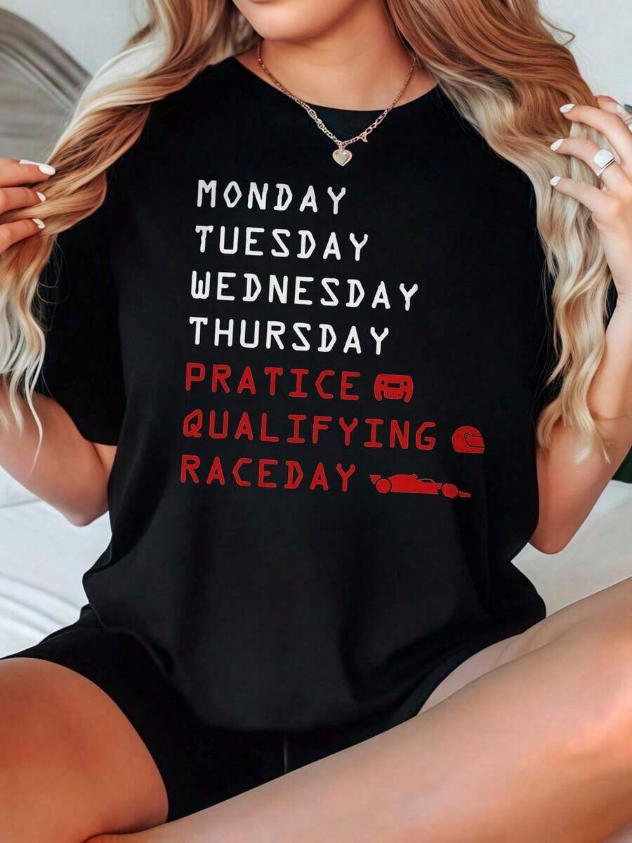 2026 Women's-Shirt Casual Round Neck Black White Options Days Of Week Racing Theme Print Graphic Tee Daily Wear Shirts Summer Tops Graphic Tees Summer Outfits Women Graphic Tees Women Crop Tops Tops Women Vintage Cotton Cute Clothes Women Blusas Para Mujer Casual - Negro - Ver 1