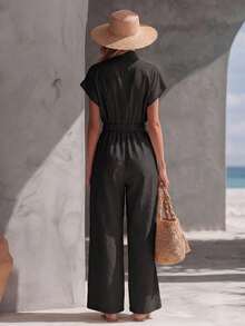 Casual Retro-Style Jumpsuit For Vacation, V-Neck With High Collar, Zipper And Drawstring - Black - View 2