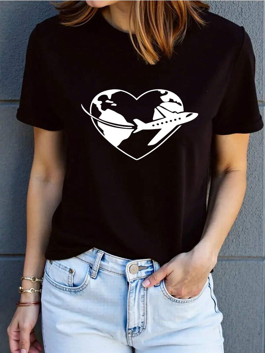 1 pieza de camiseta de manga corta estilo Y2K para mujer con estampado de la tierra y un avión - estilo deportivo casual, simple y deportivo, hecha de fibra de poliéster de 180g y spandex, diseño estampado, adecuada para primavera y verano, moderna y versátil, cómoda y ligera, única y creativa, elegante y casual, cómoda y agradable al tacto. 100% algodón de 180g. - Negro - Ver 1