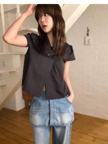 新品女款優雅日系雙排扣彼得潘領短袖襯衫，春/夏 - 黑色 - 查看 6