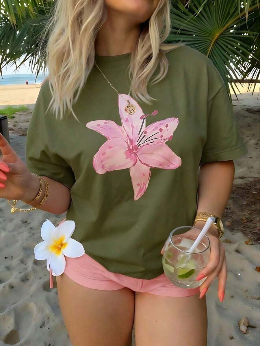 New Christmas Sportswear Fashionable Men's Explosive Short Sleeve 1 Piece Plus Size Women's Loose Off Shoulder Fit 100% Cotton T-Shirt Printed With Watercolor Pink Lily Designs, Perfect For Summer Beach Tropical Vacation And Music Festival Clothing Sets Creating Fresh Bohemian Style - 橄欖綠 - 查看 1