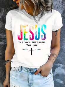 Women's Casual Short-Sleeved T-Shirt Printed With "Jesus And The Way." TRUTH. Oversized T-Shirt With The Letter LIFE, Summer Clothing, Urban Style, Casual, Round Neck, Cotton, Summer Fashion, Loose Fit T-Shirt For Women, Everyday Wear - 白色 - 查看 3
