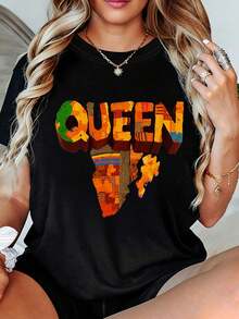 Women's T-Shirt - Bold 3D "QUEEN" Print With Map Of The African Continent, Colorful Traditional Fabric Pattern, Loose Fit, Breathable Summer Casual Top, Gift Of Female Power And Cultural Heritage For Women. - 黑色 - 查看 12