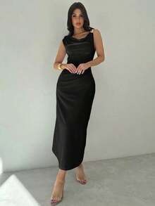 Women's White Asymmetrical Neckline Dress With Ruffles At The Waist, Elegant And Sexy Dress For Work, Vacation, Fashionable And Modern, For Spring/Summer, For Work, Elegant, Sexy, Vacation, Beach, Hawaii, Wedding Season, Graduation Ceremony, Prom - 黑色 - 查看 5
