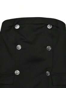Vestido corto de mujer de unicolor, sin tirantes, de corte ajustado, con doble botonadura y detalles de bolsillos falsos, ideal para fiestas de cumpleaños y bodas - Negro - Ver 5