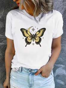 Women's Plus Size Casual T-Shirt With Round Neck, Yellow Butterfly, Moon And Stars Print - Fun Design, Machine Washable, Casual And Versatile, Loose And Comfortable, A Perfect Gift For A Good Friend - 白色 - 查看 8