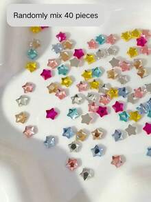 40pcs Mixed Color Flat Bottom Nail Rhinestones Set, Includes Star, Heart And Other Irregular Cut Faceted Rhinestones, High Sparkle Transparent Faceted Design, Suitable For Various Nail Art Styles, Self-Adhesive Flat Bottom For Easy Application, Long-Lasting, Create Dreamy Sparkling Elegant Nail Art - Multicolor - View 4
