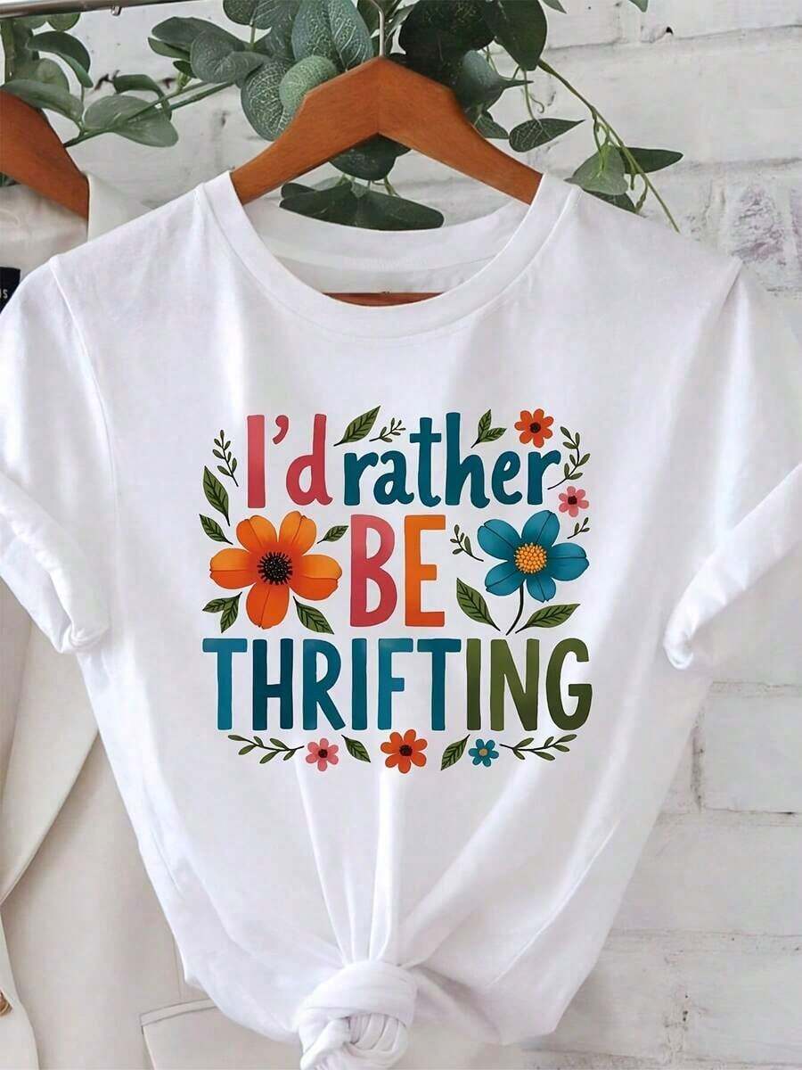 100% Pure Cotton, Women's T-Shirt With Floral Design And The Slogan "I Prefer To Shop At Second-Hand Stores," Perfect For Flea Markets And Daily Outings In A Retro-Artistic Style With Short Sleeves That Embodies Modern And Urban Fashion Style For Fashion Lovers. - 白色 - 查看 1