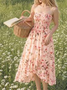 QIANZHIDU Vestido largo de mujer con estampado floral menudo, estilo casual elegante de verano para vacaciones, adecuado para playa, jardín, festival, fiesta, reunión y oficina - Rosa - Ver 4