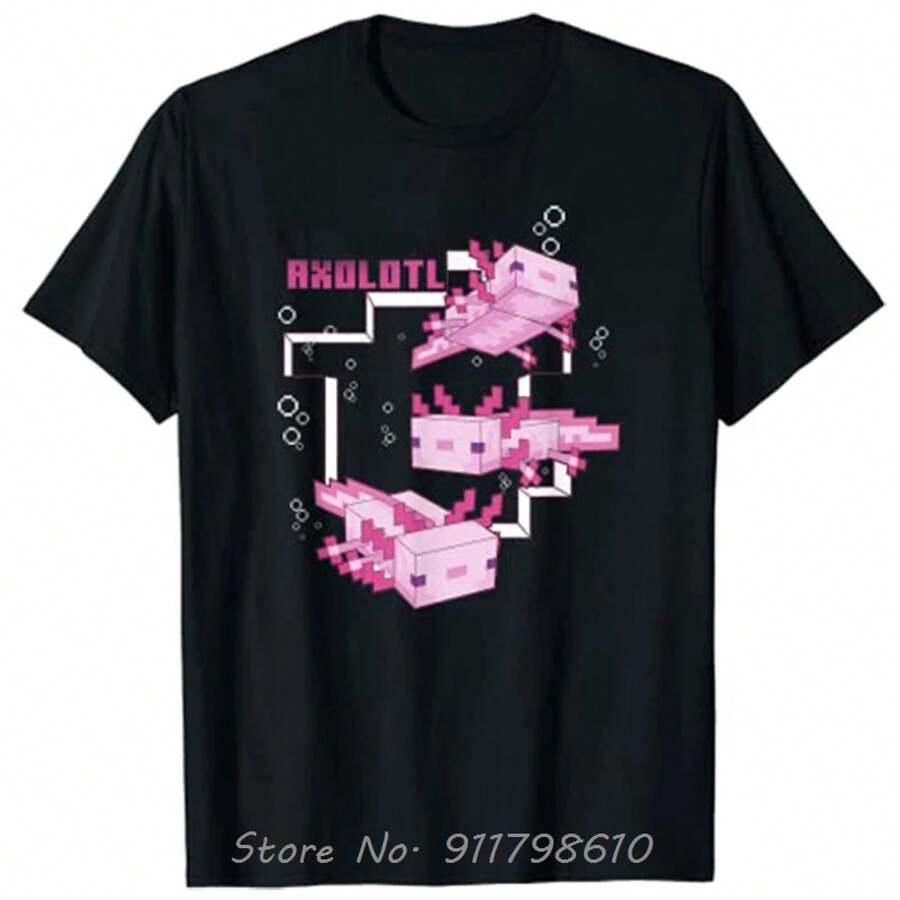 Camiseta super de 2026, camisa de algodón de gran tamaño con estampado de ajolote rosa, ropa estética para amantes de los ajolotes, para niños, adultos, hombres, unisex, éxito de en 2026. - Negro - Ver 1