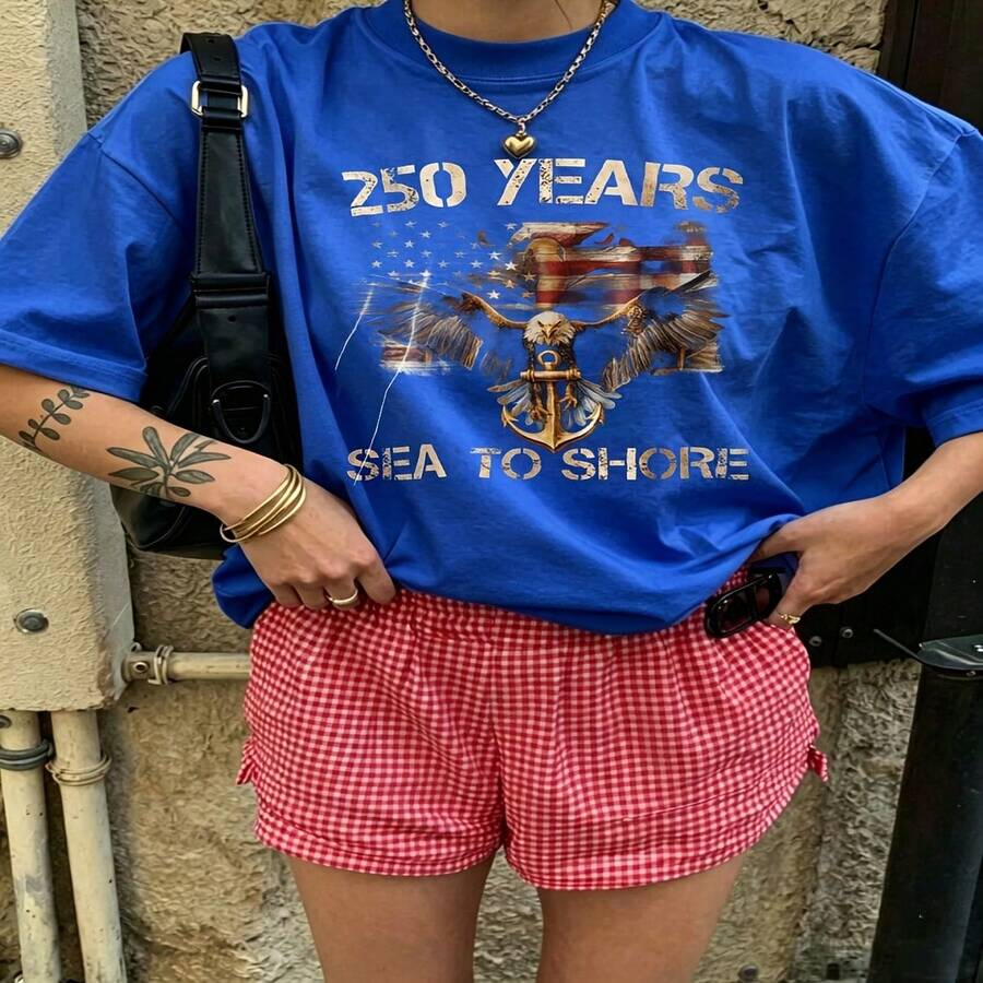 Heartfelt Daily Casual Graphic T-Shirt 100% Cotton Oversized Soft Breathable Casual Crewneck Short Sleeve Top Vintage Aesthetic Red Checkered Shorts Street Style Fashion Lovers Casual Wearers Daily Outfit Enthusiasts Gift Givers - 藍色 - 查看 1