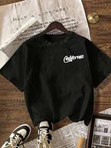 Ropa para mujer, camiseta de manga corta con estampado doble de palmera Santa Barbara, diseño con texto California, estilo vacacional - Negro - Ver 2