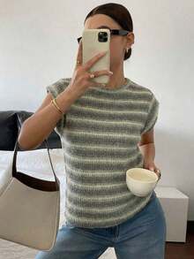 Camiseta casual de mujer de cuello redondo a rayas, de verano - Verde - Ver 7