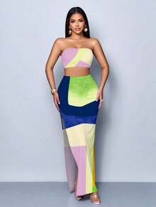Vestido maxi elegante de fiesta con estampado de rayas abstractas y colores vibrantes, diseño ceñido y sexy, perfecto para salir, fiestas y vacaciones - Multicolor 4 - Ver 4